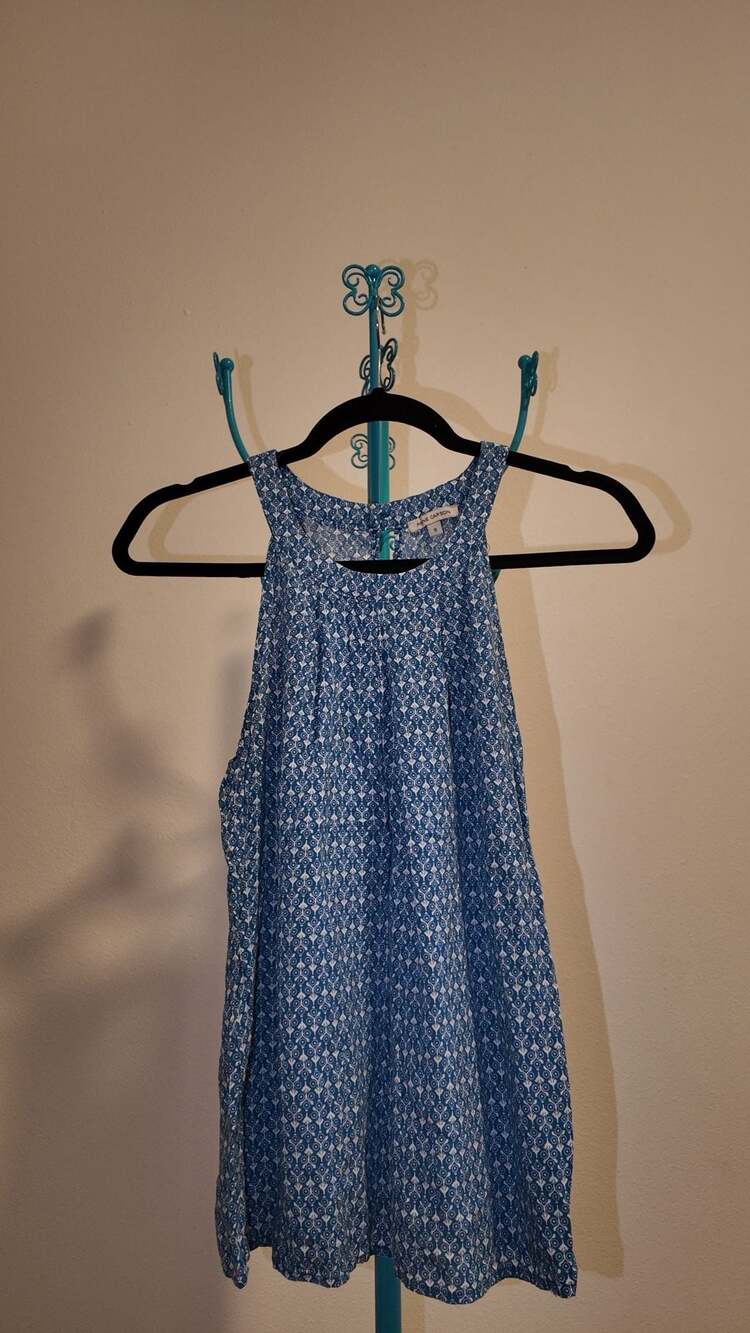 Anne Carson Blue and White Floral Geometric Halter Blouse Size S